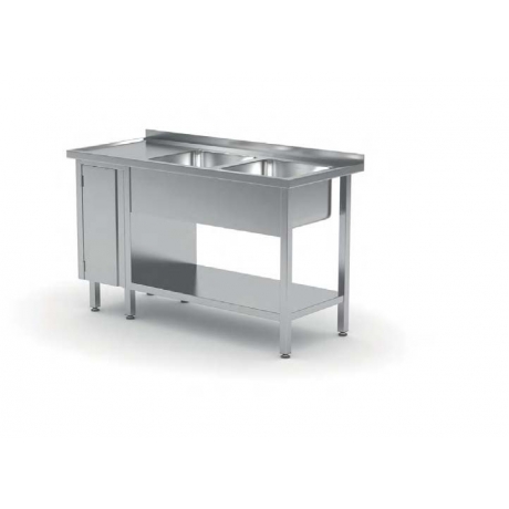 Table avec deux lavabos, étagère et armoire avec porte battante POL-226