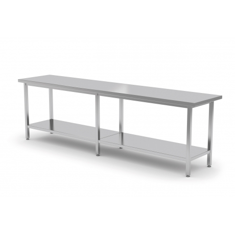 Table de travail centrale avec deux étagères en inox POL-112