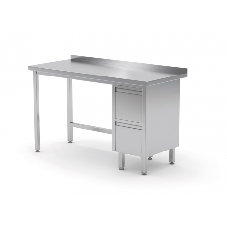 Table de travail avec dosseret, armoire à deux tiroirs en inox POL-123