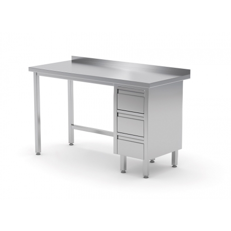 Table de travail avec dosseret, armoire à trois tiroirs en inox POL-123-3