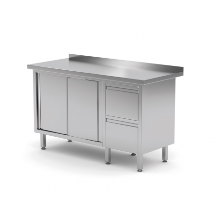 Table de travail avec dosseret, armoire à deux tiroirs et portes coulissantes POL-130