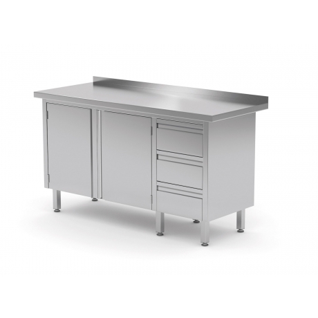Table de travail avec dosseret, armoire à trois tiroirs et portes battantes POL-137