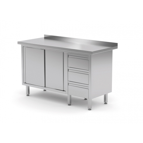 Table de travail avec dosseret, armoire à trois tiroirs et portes coulissantes POL-138