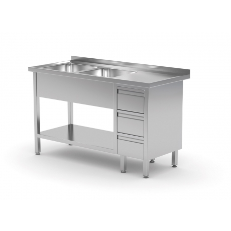 Table avec deux lavabos, étagère et meuble à trois tiroirs POL-225-3