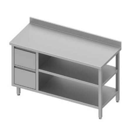 Table adossée avec meuble à deux tiroirs + deux étagères à gauche
