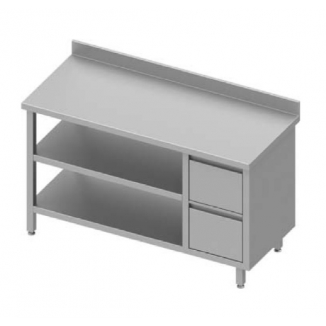 Table adossée avec meuble à deux tiroirs + deux étagères à droite