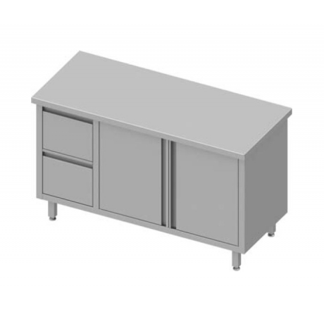 Table centrale avec deux tiroirs à gauche et deux portes battantes