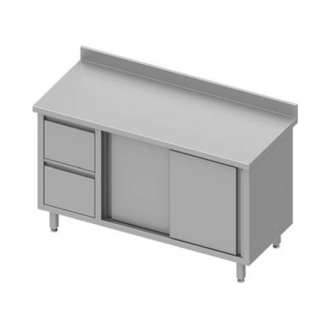 Table adossée avec deux tiroirs à gauche et porte coulissante