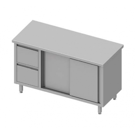 Table centrale avec deux tiroirs à gauche et porte coulissante