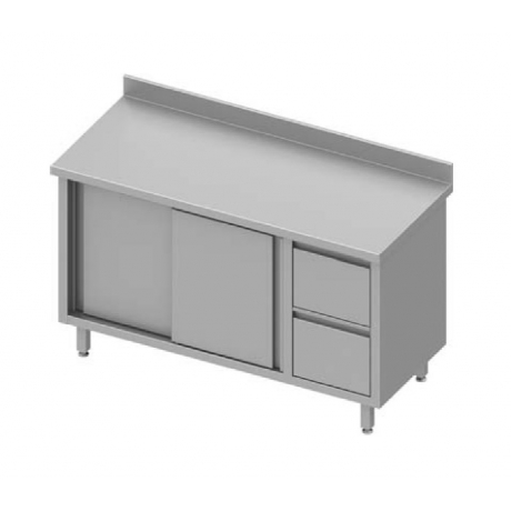 Table adossée avec deux tiroirs à droite et porte coulissante