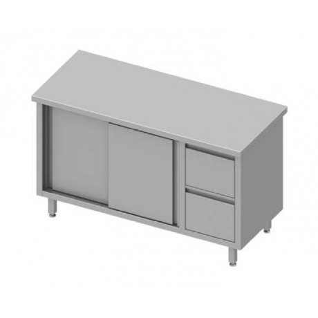 Table centrale avec deux tiroirs à droite et porte coulissante