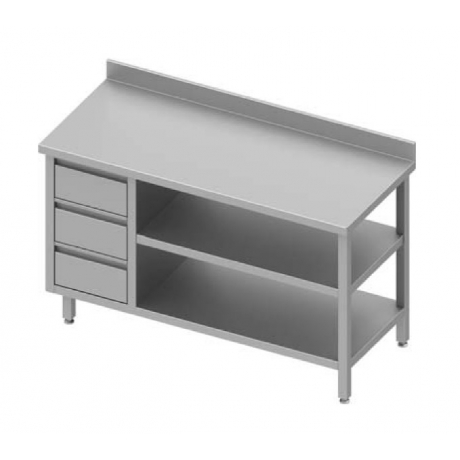 Table adossée avec trois tiroirs à gauche et deux étagères