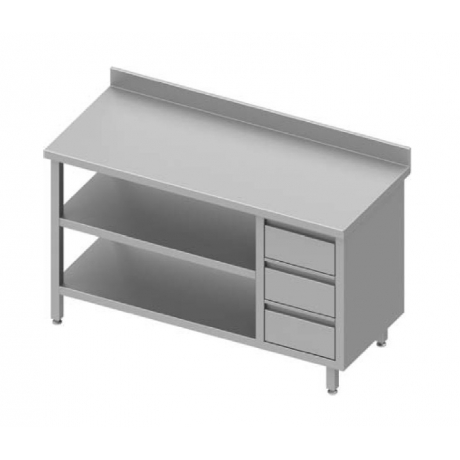 Table adossée avec trois tiroirs à droite et deux étagères