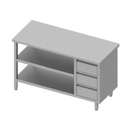 Table centrale avec trois tiroirs à droite et deux étagères