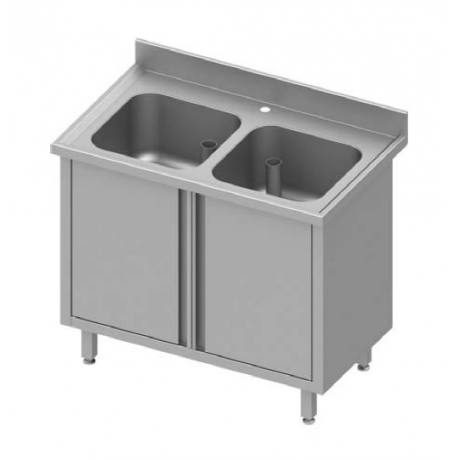 Table adossée avec double cuve et portes battantes