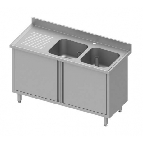 Table adossée avec double cuve à droite et portes battantes