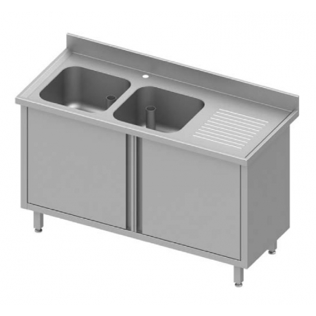 Table adossée avec double cuve à gauche et portes battantes