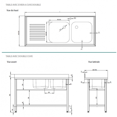 Table adossée avec double cuve à gauche et portes battantes