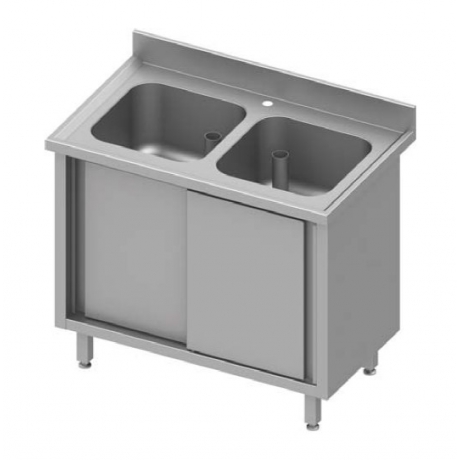 Table adossée avec double cuve et portes coulissantes