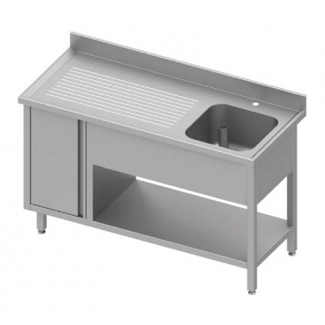 Table adossée avec cuve à droite + placard et étagère