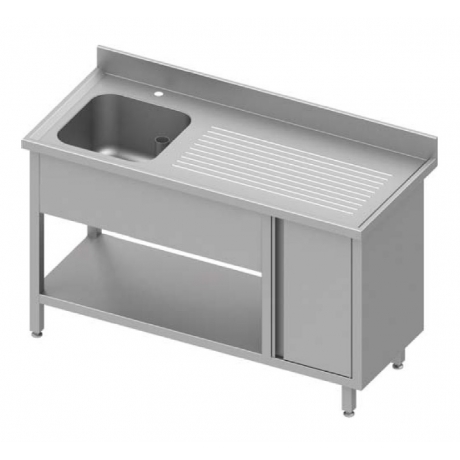Table adossée avec cuve à gauche + placard et étagère