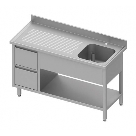 Table adossée avec cuve à droite + deux tiroirs et étagère