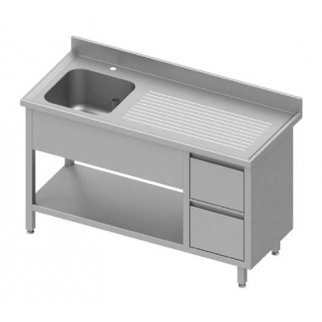 Table adossée avec cuve à gauche + deux tiroirs et étagère