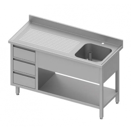 Table adossée avec cuve à droite + trois tiroirs et étagère