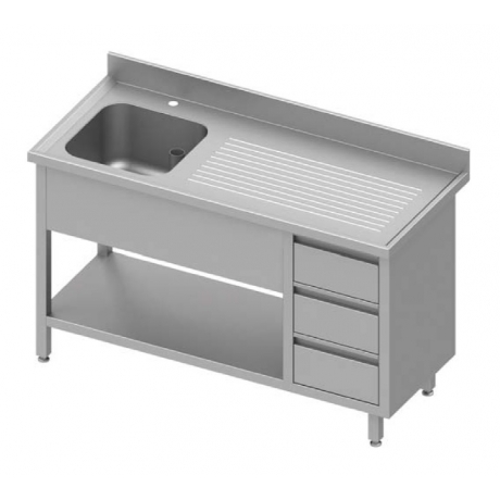 Table adossée avec cuve à gauche + trois tiroirs et étagère