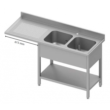 Table adossée avec double cuves à droite et passage pour réfrigérateur ou lave-vaisselle