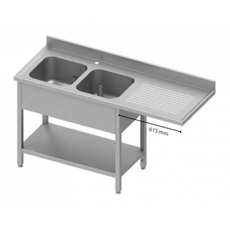 Table adossée avec double cuves à gauche et passage pour réfrigérateur ou lave-vaisselle