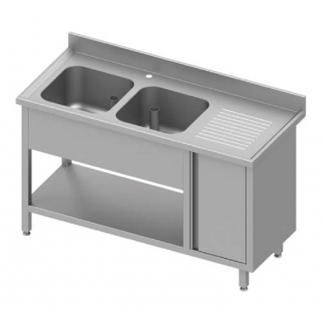 Table adossée avec double cuves à gauche + placard et étagère