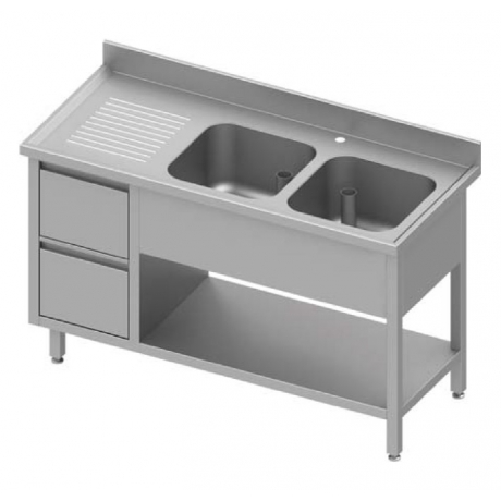 Table adossée avec double cuves à droite + meuble à deux tiroirs et étagère