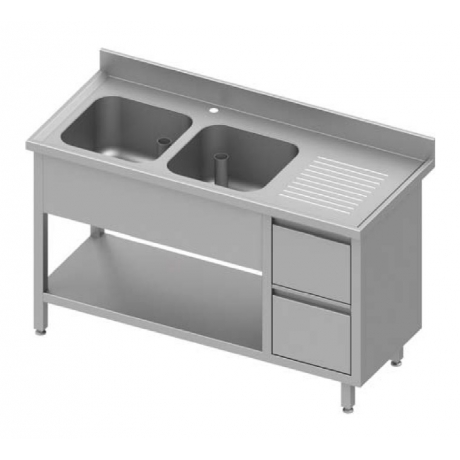 Table adossée avec double cuves à gauche + meuble à deux tiroirs et étagère