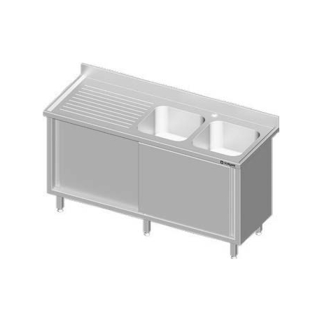 Plonge adossée en inox avec deux éviers et porte coulissante