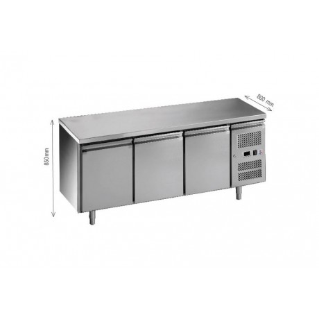 Table réfrigérée boulangerie pâtisserie 3 portes avec plan de travail en Inox (-2°C/+8°C)